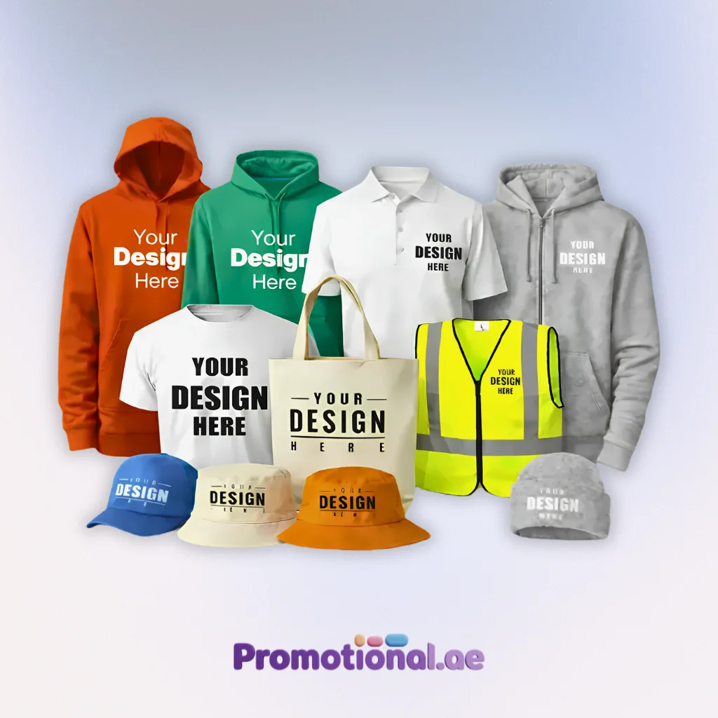 Assortment of custom logo-printed t-shirts, polo shirts and caps for corporate branding in Dubai