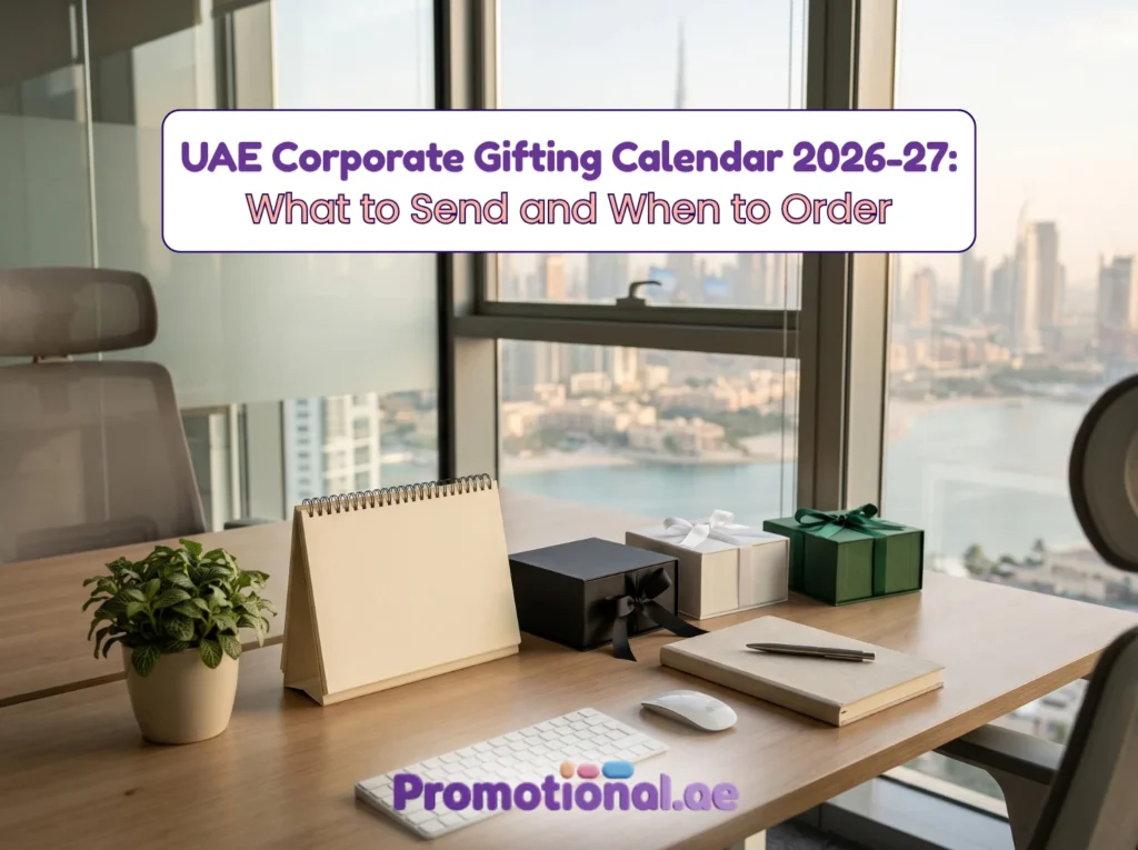 Office desk with a calendar and branded gift boxes for planning a UAE corporate gifting calendar