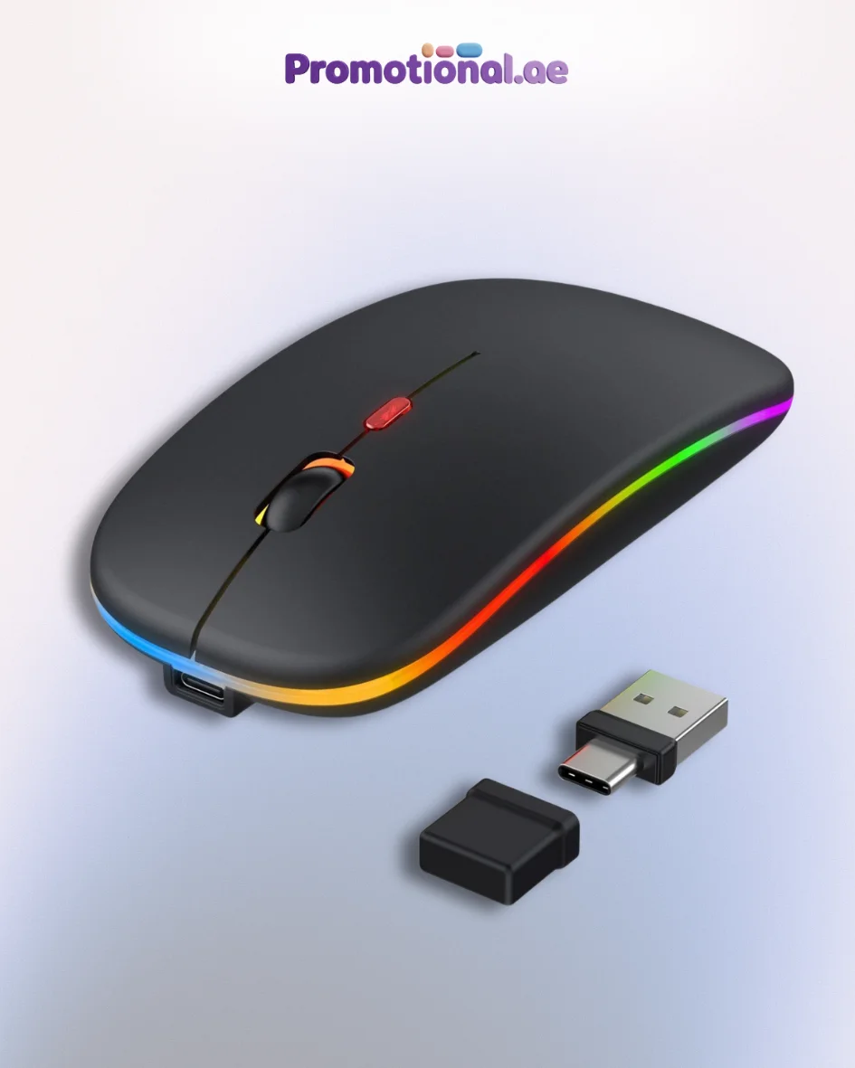 Custom printed mouse pad and wireless mouse with company branding, Dubai