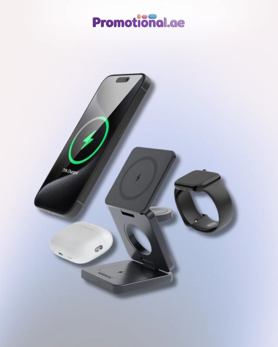 Custom wireless charging pad with printed company logo, UAE corporate gift