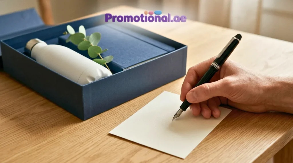 Hand writing a corporate gift message on a card beside an open gift box