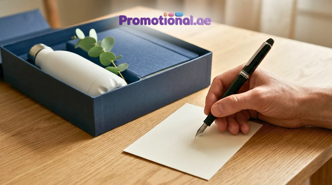 Hand writing a corporate gift message on a card beside an open gift box