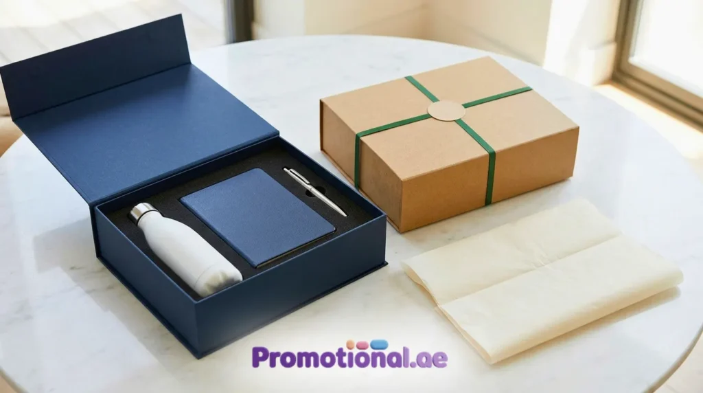 Corporate gift packaging with a navy rigid box, fitted insert, steel bottle and pen