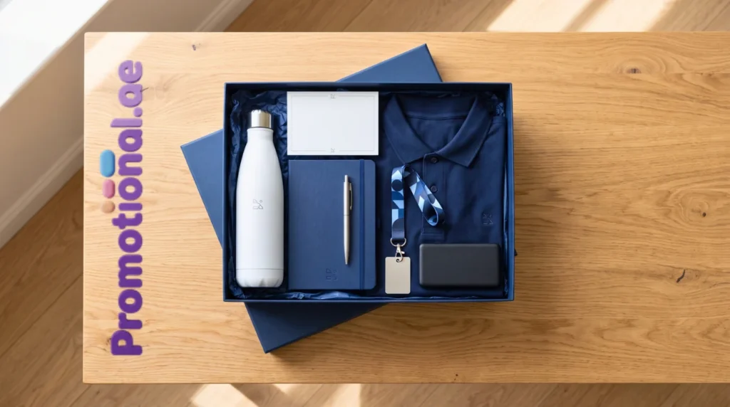 Employee welcome kit in a gift box with a branded bottle, notebook, pen, polo shirt, lanyard and power bank