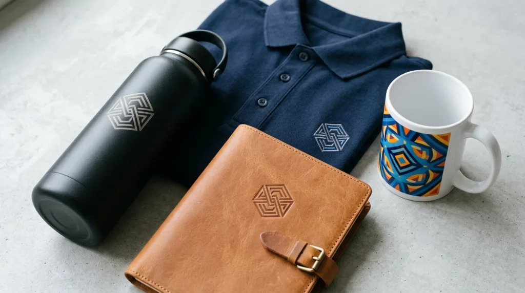 Branded gifts showing different logo printing methods: an engraved bottle, embroidered polo shirt, debossed notebook and printed mug