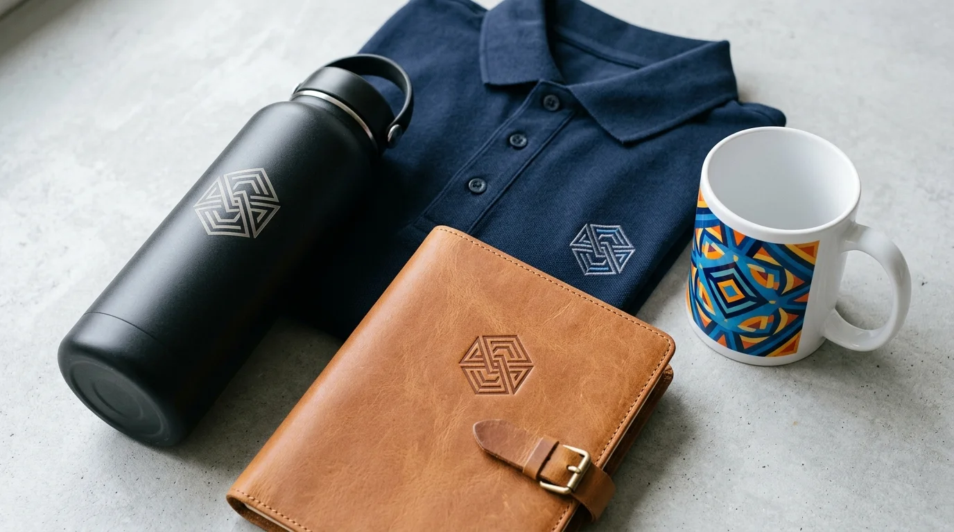 Branded gifts showing different logo printing methods: an engraved bottle, embroidered polo shirt, debossed notebook and printed mug